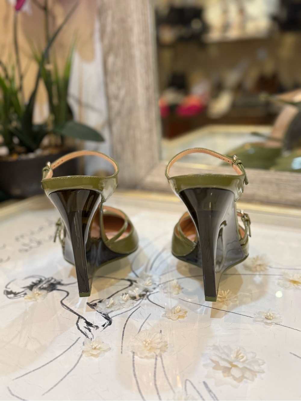Gucci Olive Patent Leather Double-Strap Wedge Pumps - Picture 6 of 13